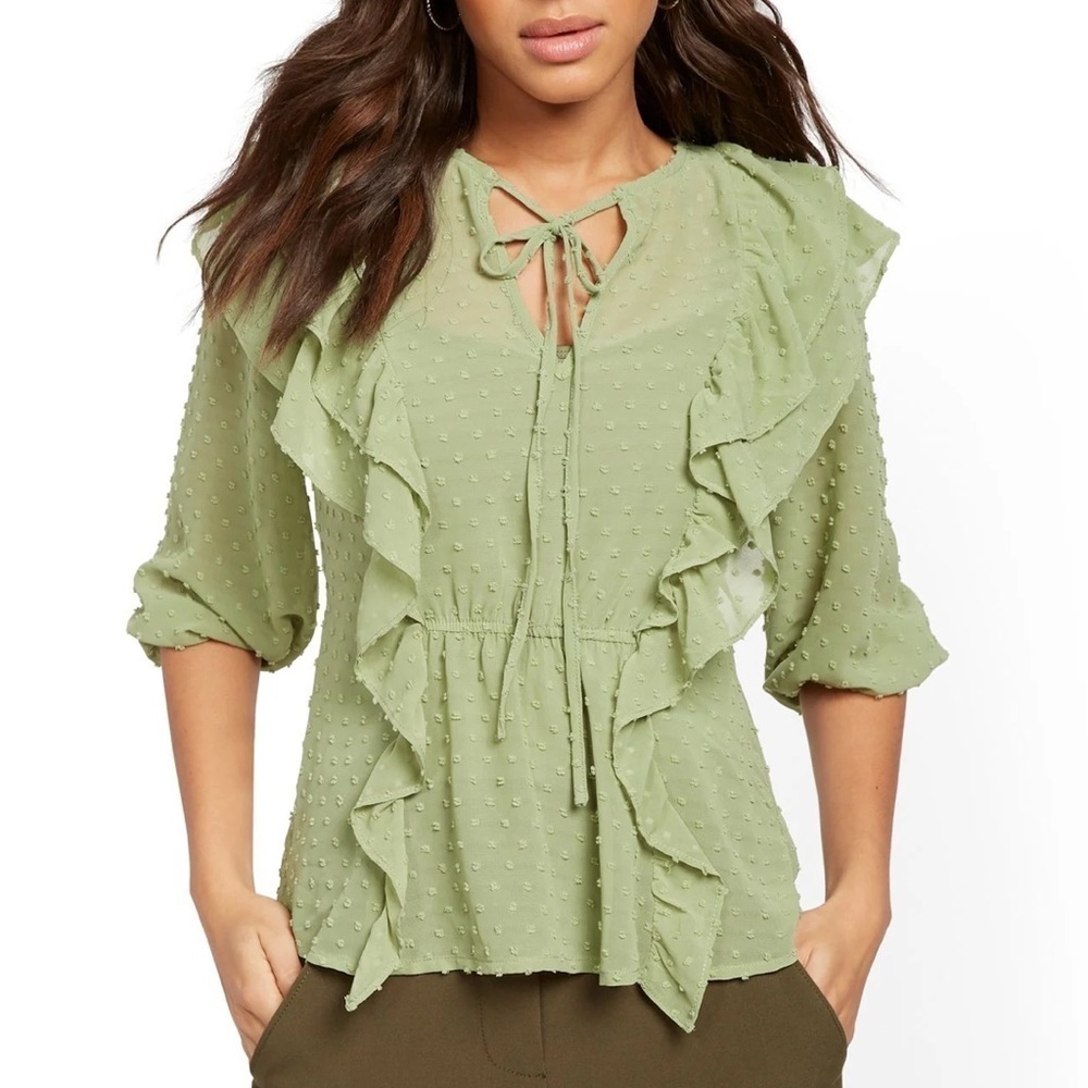 New York & Company Olive Green Clip-Dot Ruffle Blouse - Lily & Cali XL